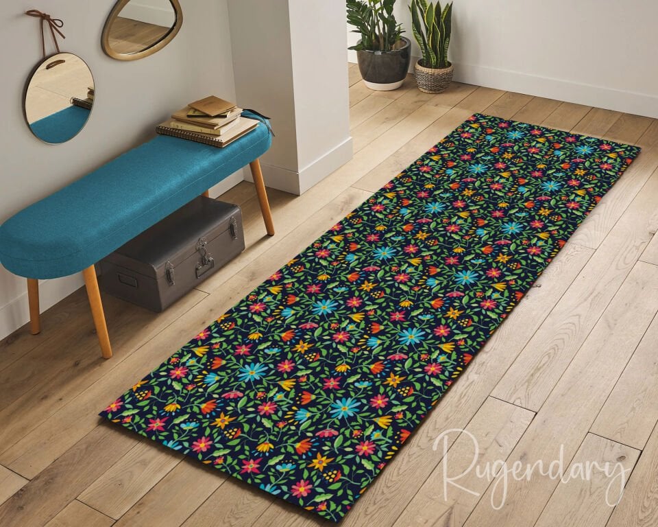 Black Background Floral Runner Rug – Vibrant Garden Pattern, Non-Slip & Washable Hallway Carpet