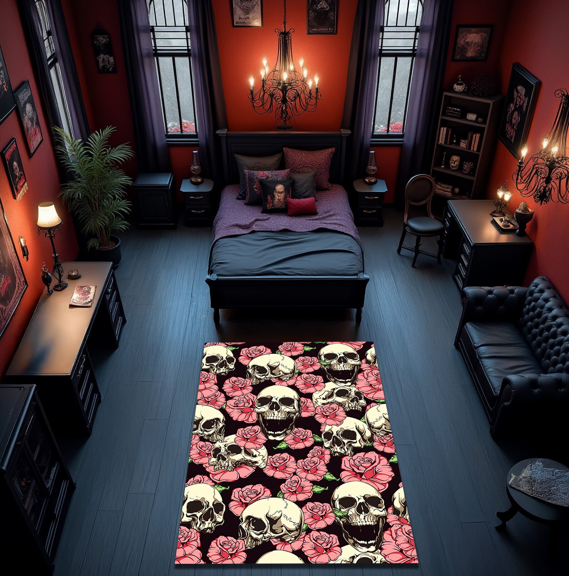 Gothic Skull & Roses Rug – Dark Floral & Skull Pattern Floor Carpet