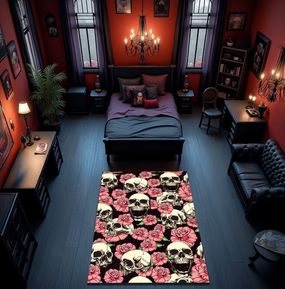 Gothic Skull & Roses Rug – Dark Floral & Skull Pattern Floor Carpet
