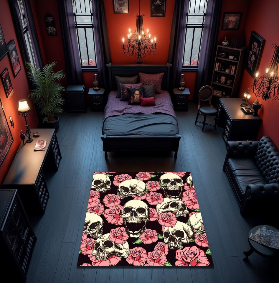 Gothic Skull & Roses Rug – Dark Floral & Skull Pattern Floor Carpet