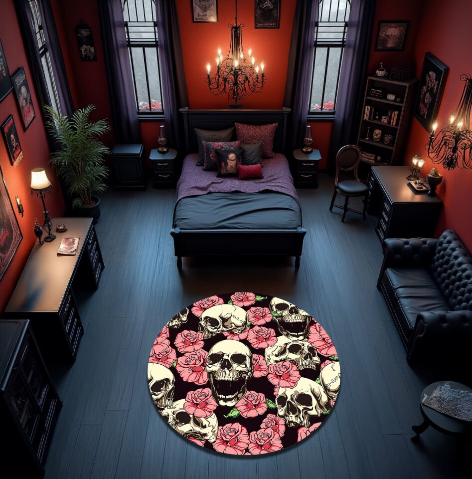 Gothic Skull & Roses Rug – Dark Floral & Skull Pattern Floor Carpet