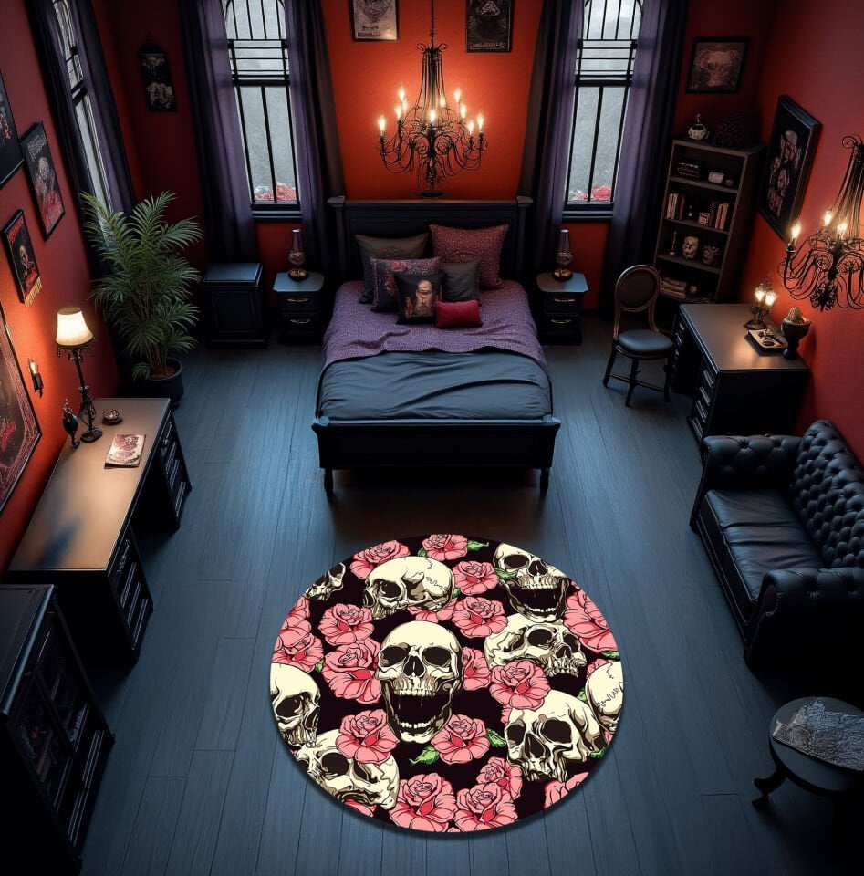 Gothic Skull & Roses Rug – Dark Floral & Skull Pattern Floor Carpet