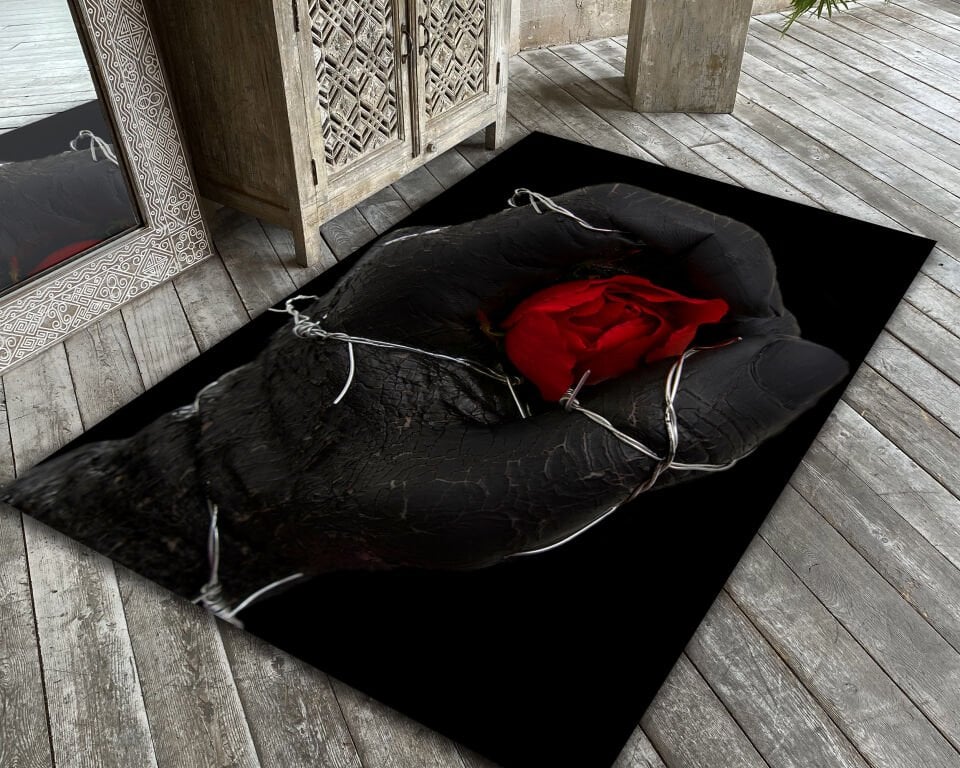 Gothic Rose Rug Dark Romance Carpet Barbed Wire Hand and Rose Floor Mat Black Red Aesthetic Rug