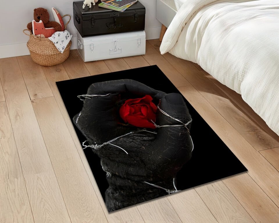 Gothic Rose Rug Dark Romance Carpet Barbed Wire Hand and Rose Floor Mat Black Red Aesthetic Rug