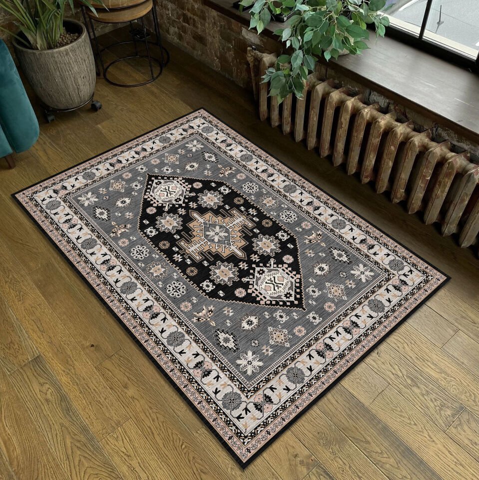 Ethnic Patterned Boho Style Decorative Rug in Gray and Black Tones