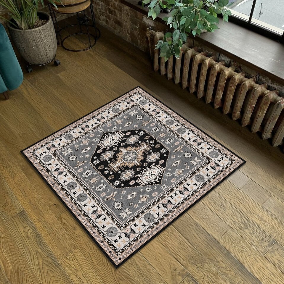 Ethnic Patterned Boho Style Decorative Rug in Gray and Black Tones