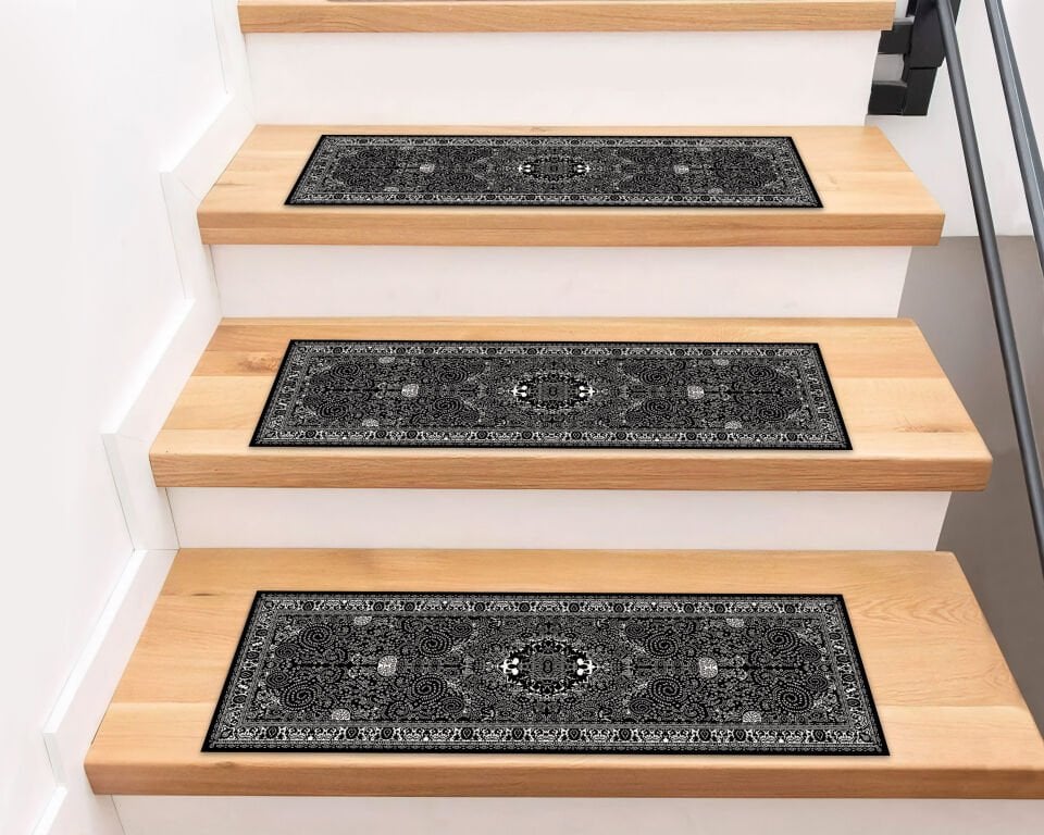 Elegant Black Paisley Stair Treads – Non-Slip Carpet Mats for Stairs