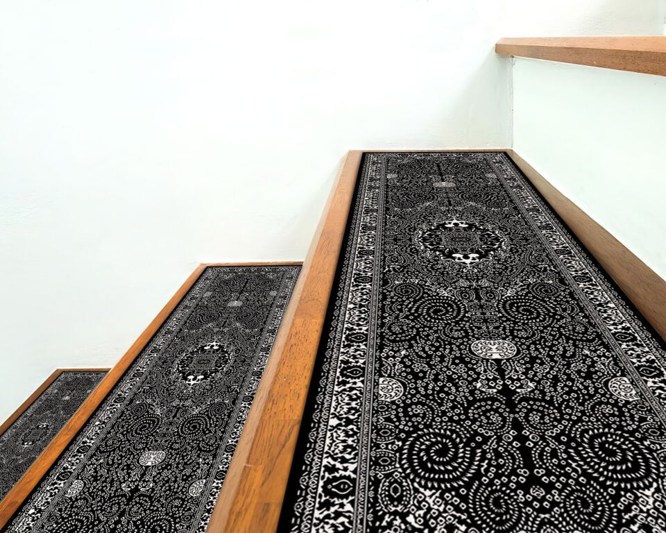 Elegant Black Paisley Stair Treads – Non-Slip Carpet Mats for Stairs