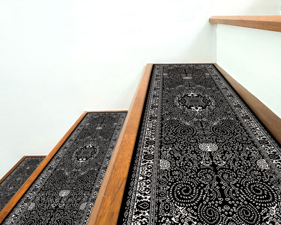 Elegant Black Paisley Stair Treads – Non-Slip Carpet Mats for Stairs