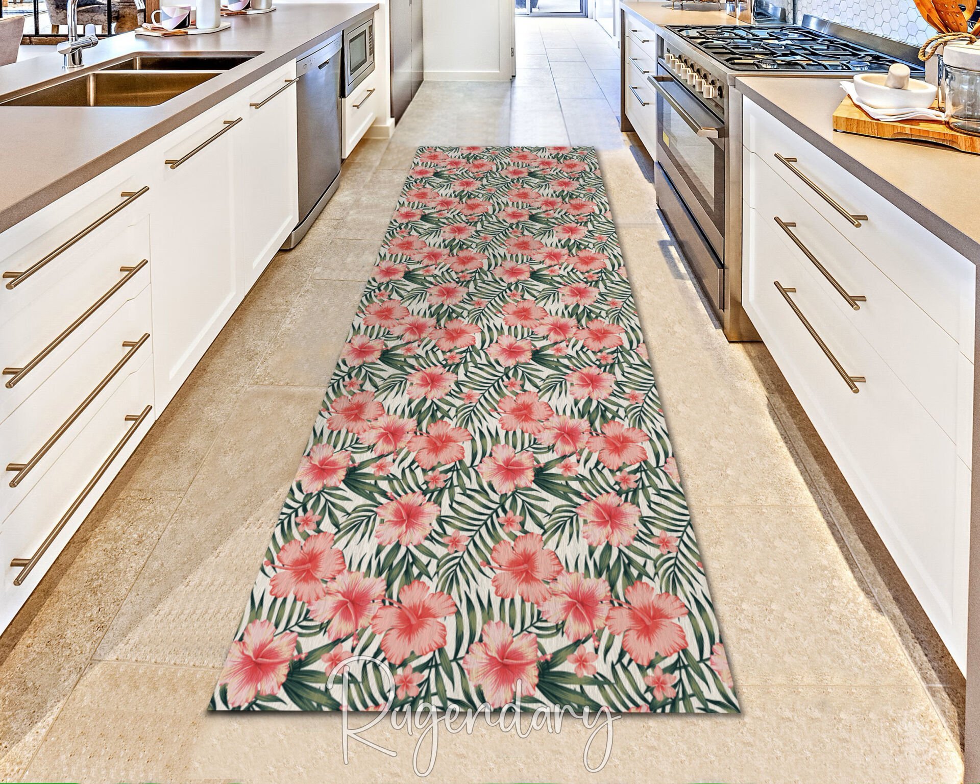 Orange Floral Runner Rug with Green Leaf Pattern – Bright & Fresh Hallway Accent