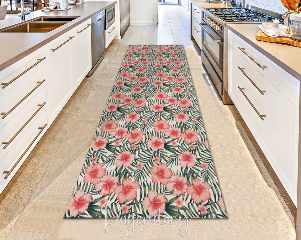 Orange Floral Runner Rug with Green Leaf Pattern – Bright & Fresh Hallway Accent