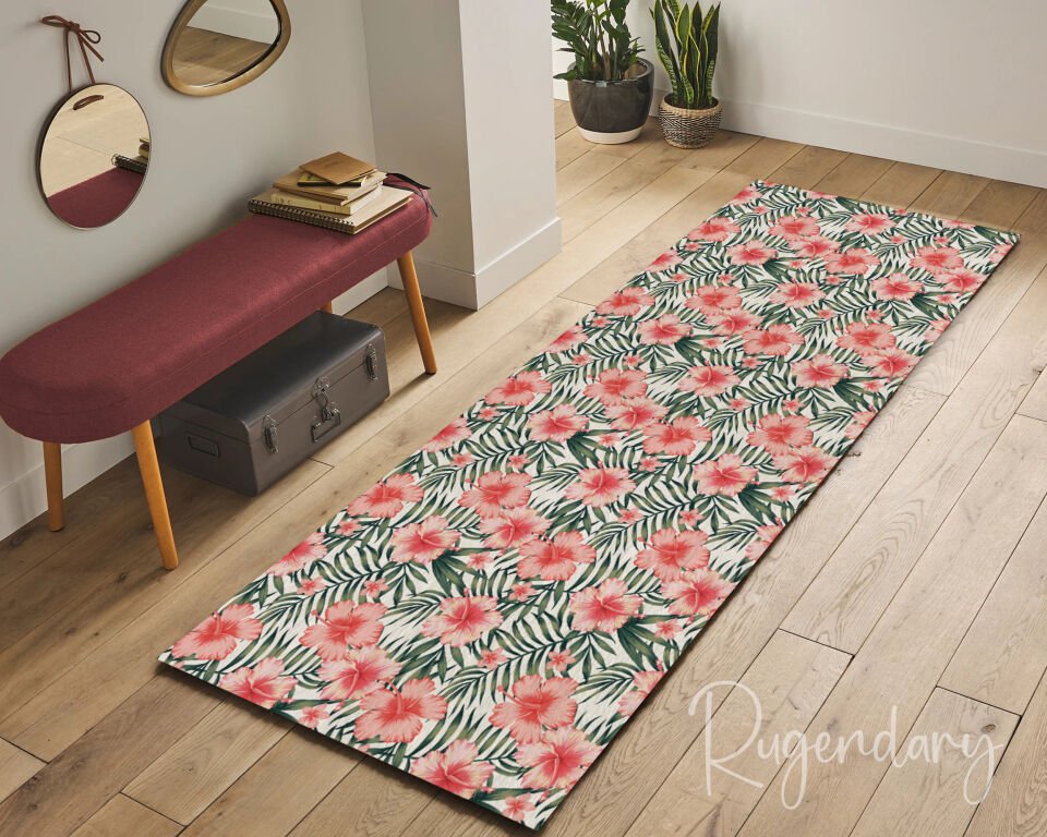 Orange Floral Runner Rug with Green Leaf Pattern – Bright & Fresh Hallway Accent