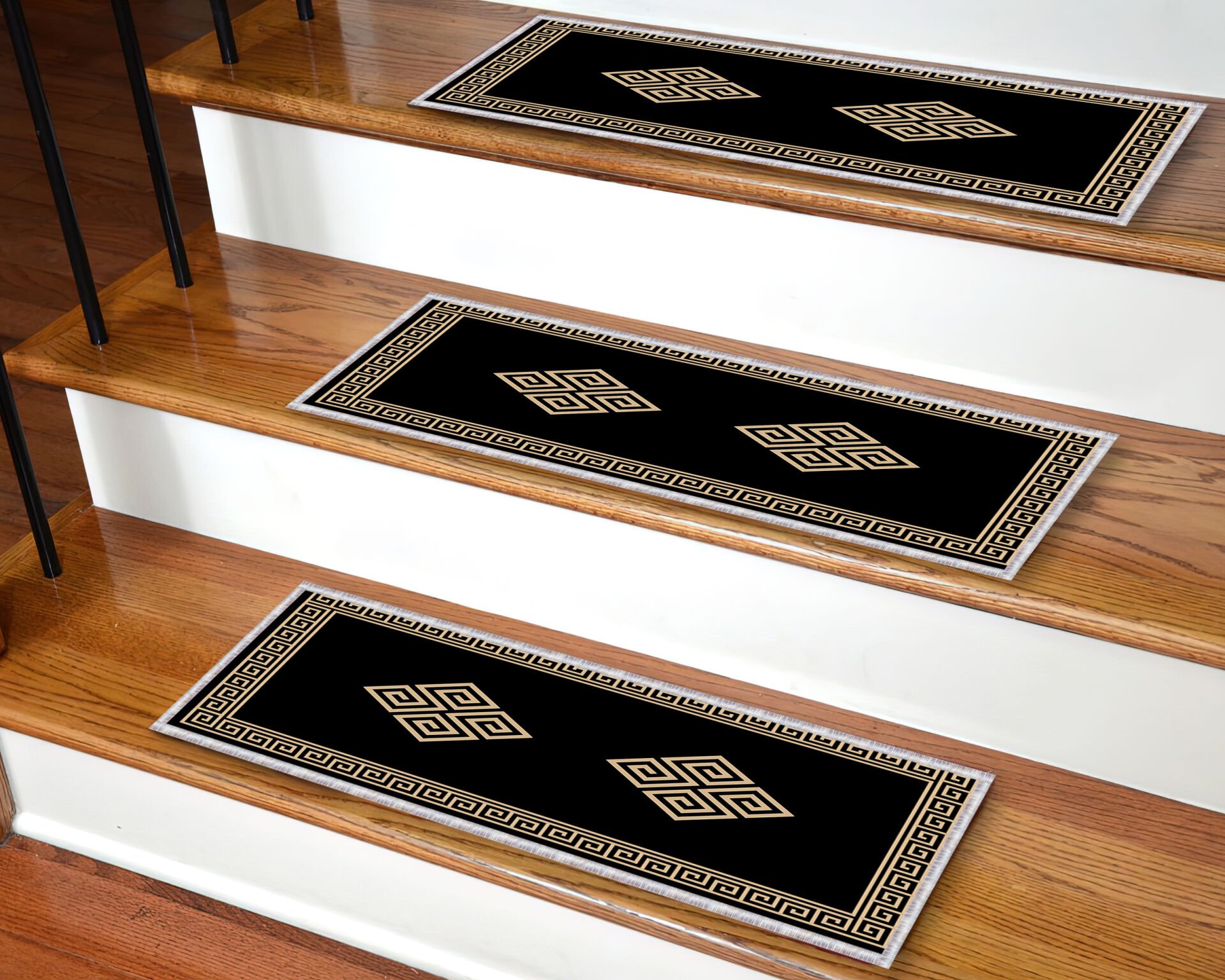 Black & Gold Geometric Stair Tread Rug – Elegant Greek Key Border Design