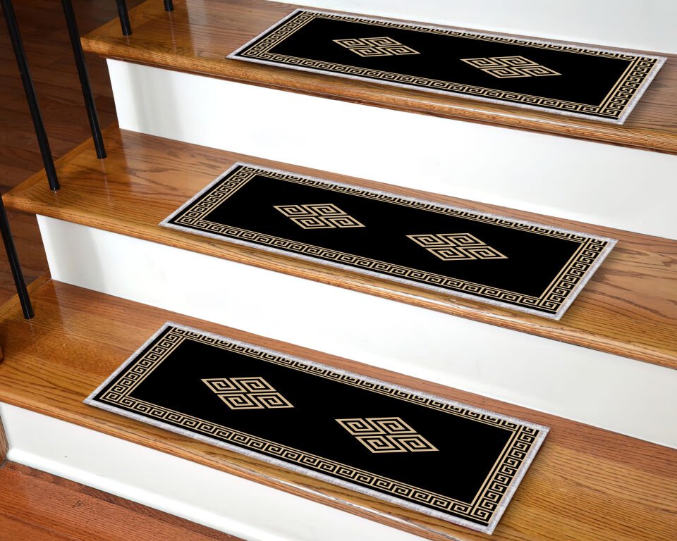 Black & Gold Geometric Stair Tread Rug – Elegant Greek Key Border Design