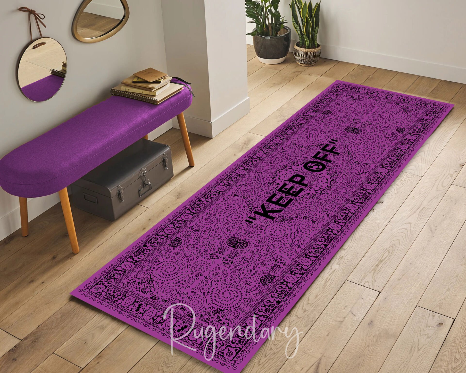 Purple ''KEEP OFF'' Runner Rug – Modern Statement Carpet for Hallway & Kitchen