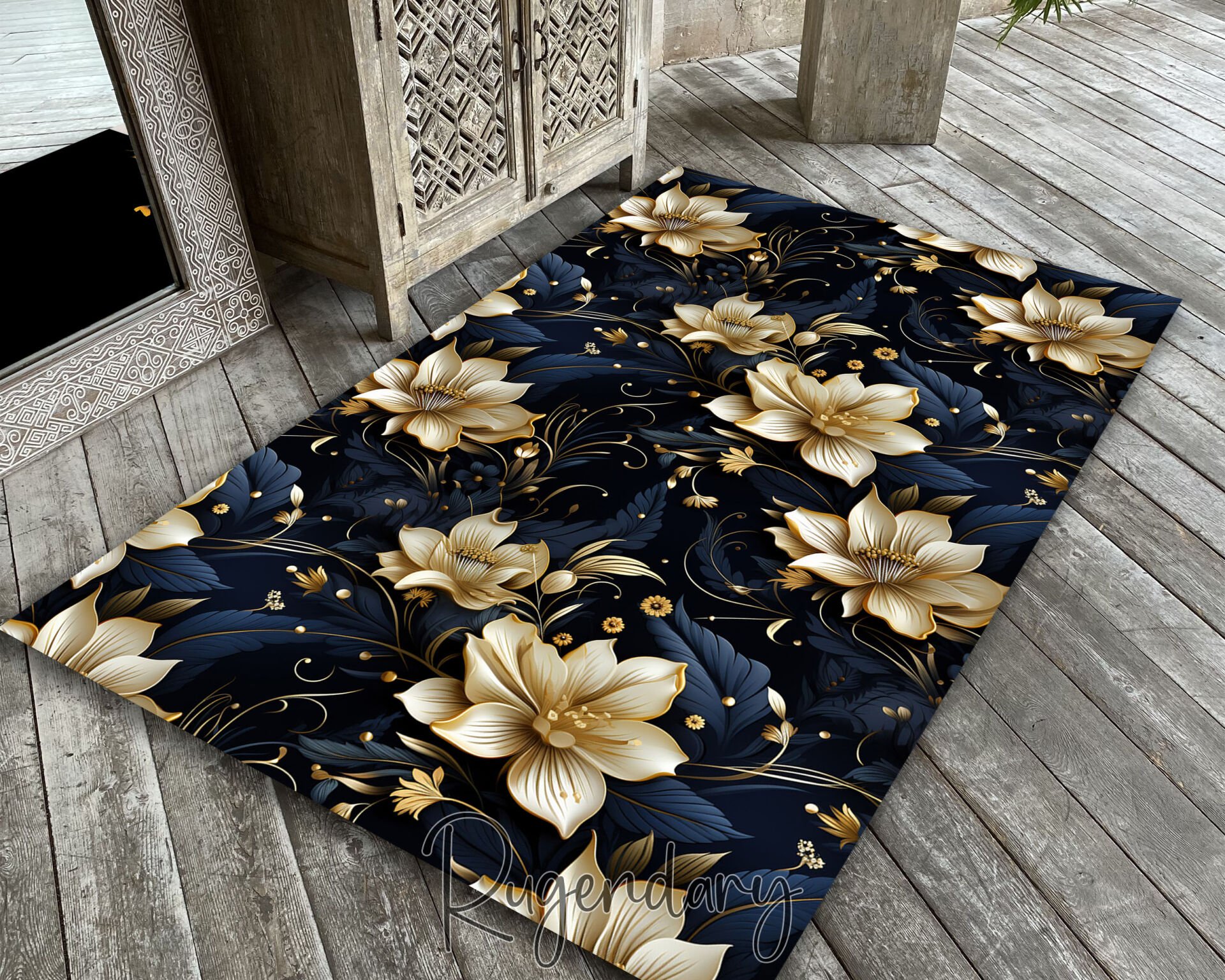 Luxury Black & Gold Floral Living Room Rug – Elegant Modern Carpet