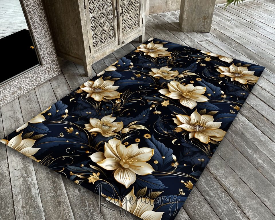 Luxury Black & Gold Floral Living Room Rug – Elegant Modern Carpet
