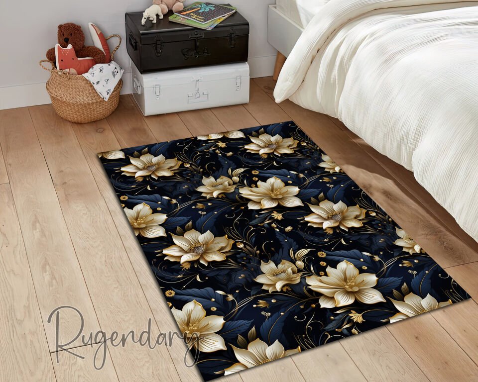 Luxury Black & Gold Floral Living Room Rug – Elegant Modern Carpet