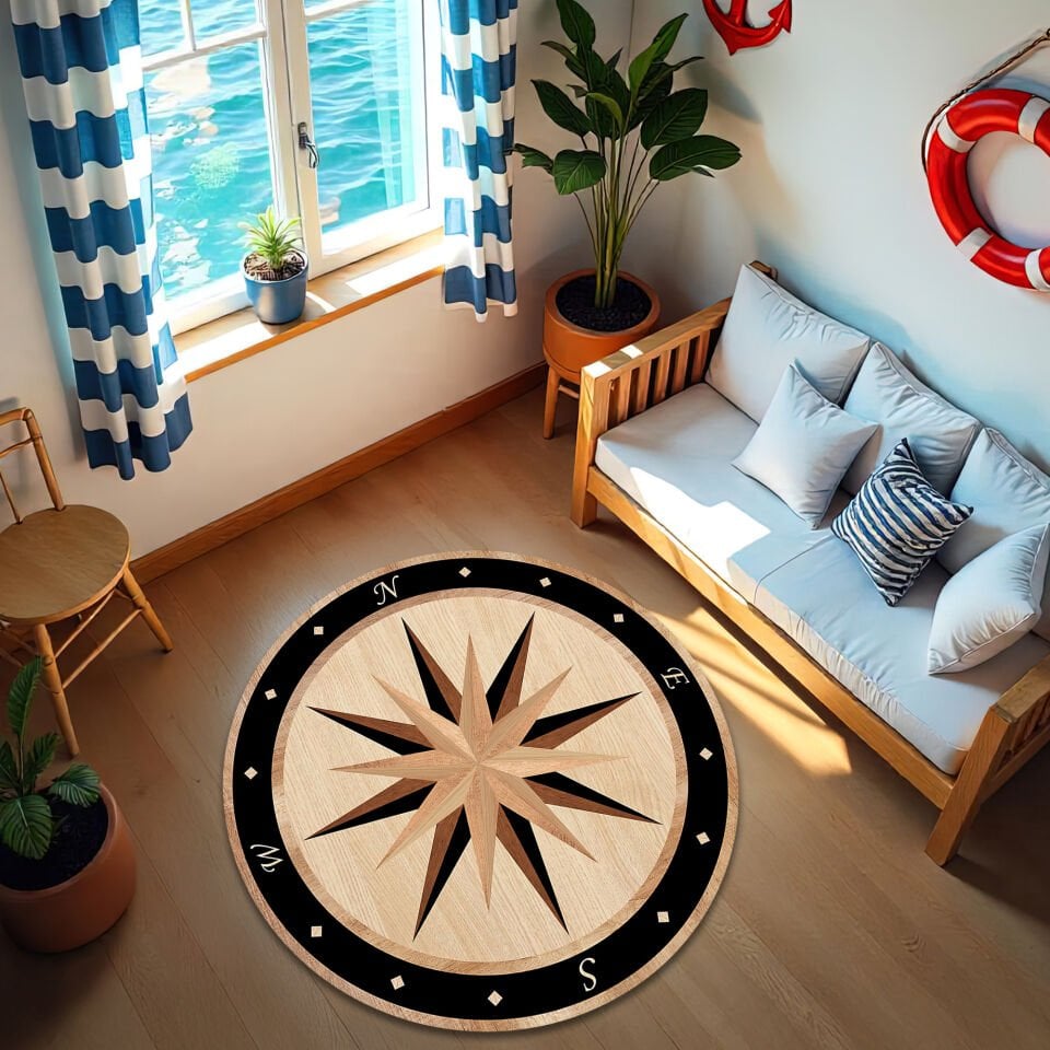 Vintage Compass Design Round Rug – Nautical Style Carpet
