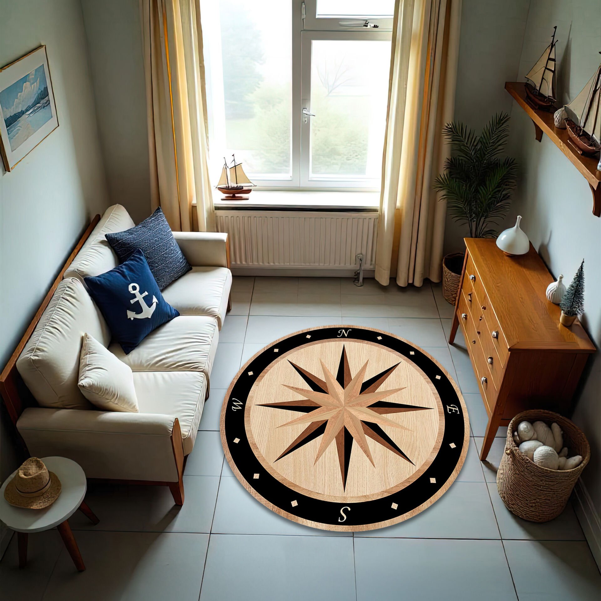 Vintage Compass Design Round Rug – Nautical Style Carpet