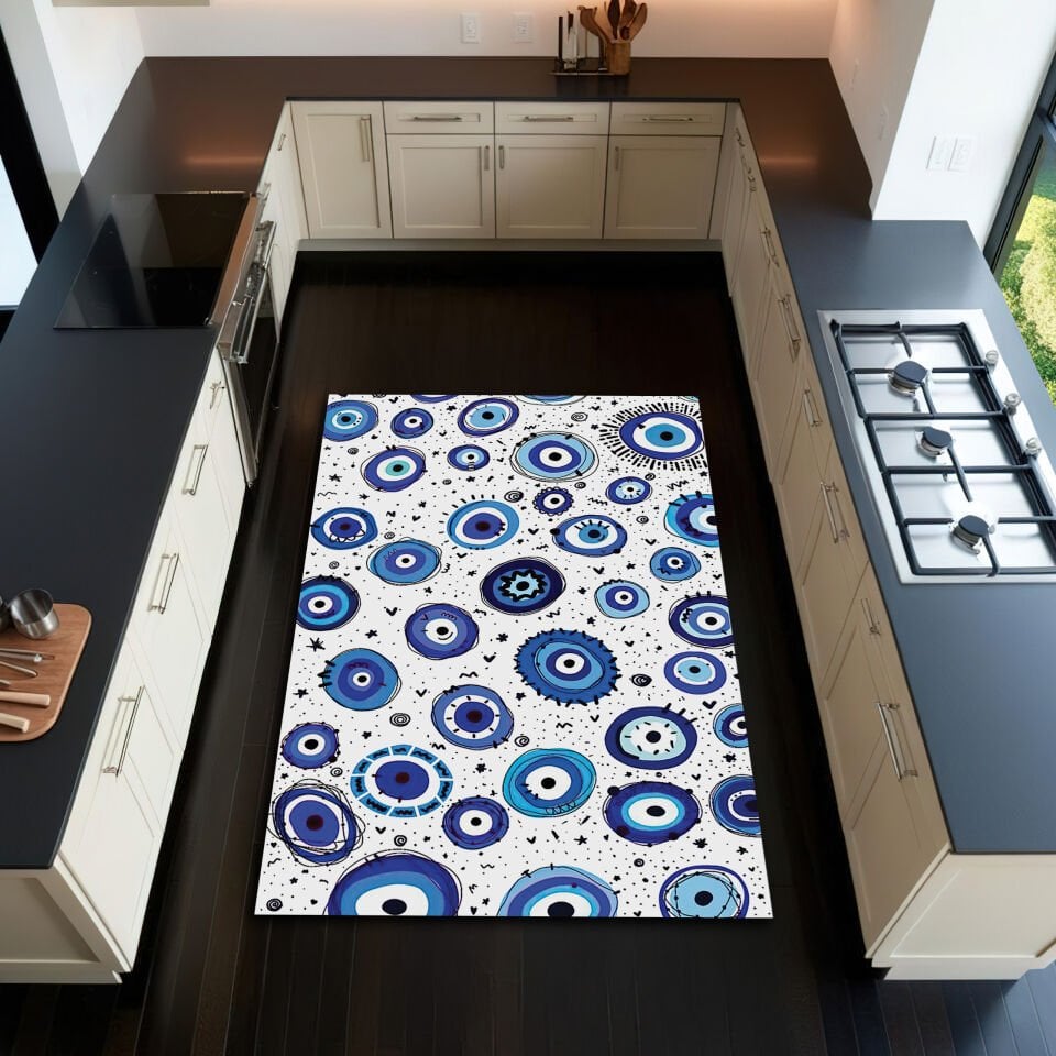 Kitchen Evil Eye Rug – Modern Blue Nazar Pattern Floor Mat