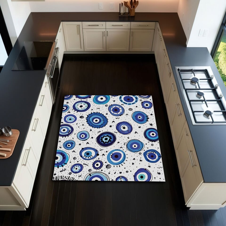 Kitchen Evil Eye Rug – Modern Blue Nazar Pattern Floor Mat