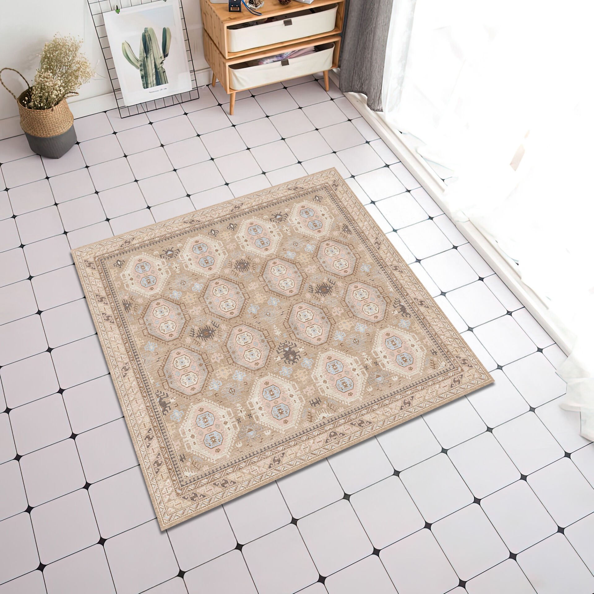 Beige Oriental Square Rug Geometric Tribal Pattern Carpet