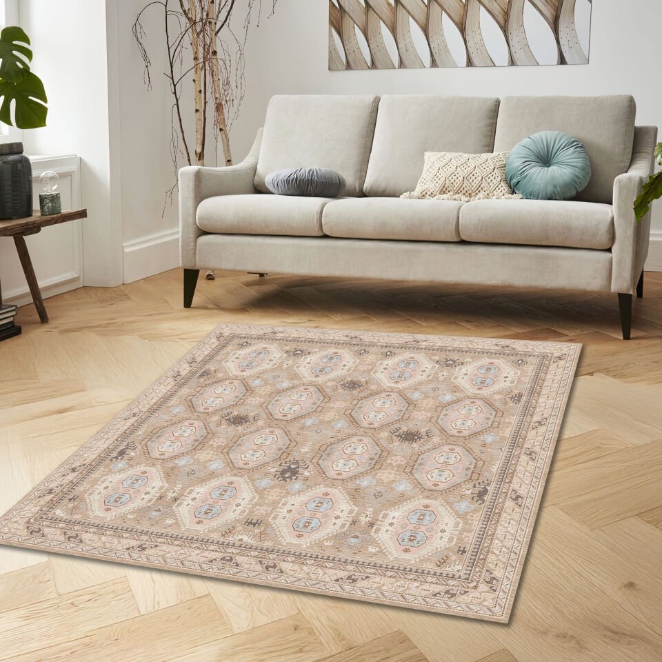 Beige Oriental Square Rug Geometric Tribal Pattern Carpet