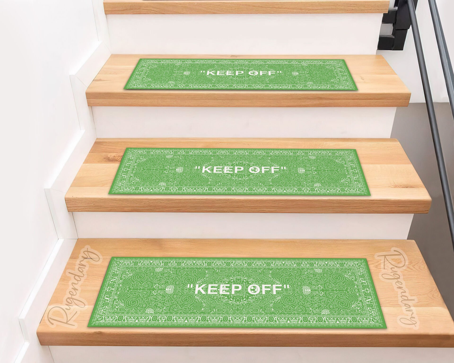 Green Stair Mat with ''KEEP OFF'' Quote – Modern Non-Slip Step Carpet