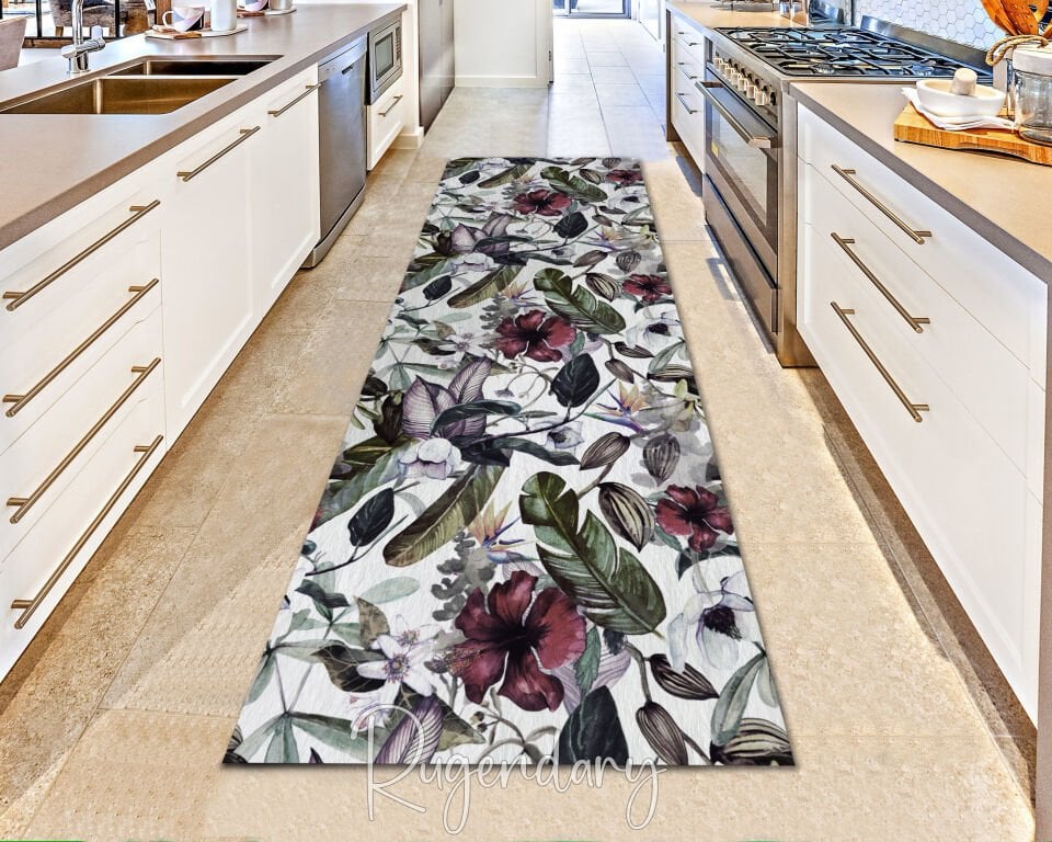 White Botanical Runner Rug – Burgundy Flowers & Tropical Green Leaves