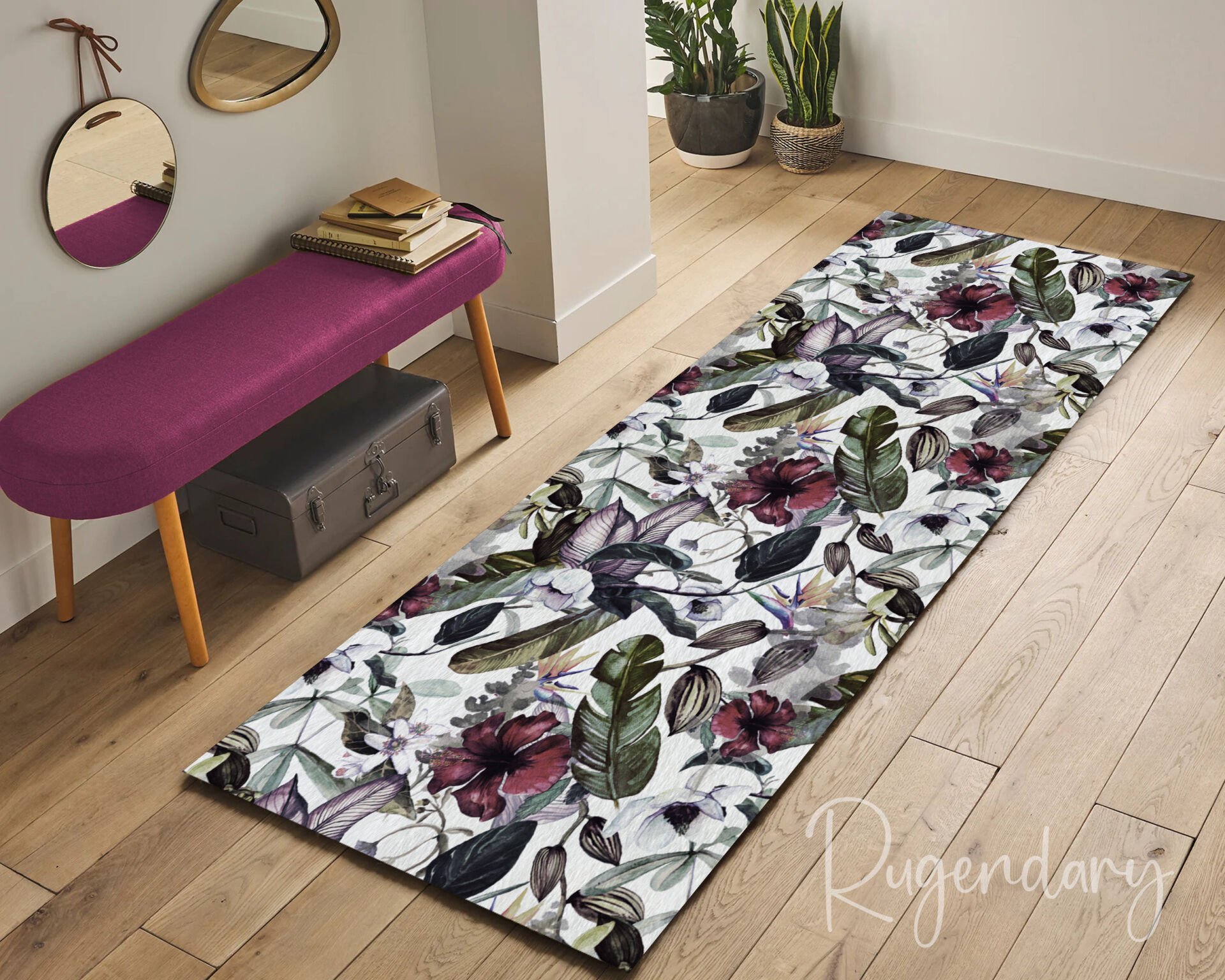 White Botanical Runner Rug – Burgundy Flowers & Tropical Green Leaves