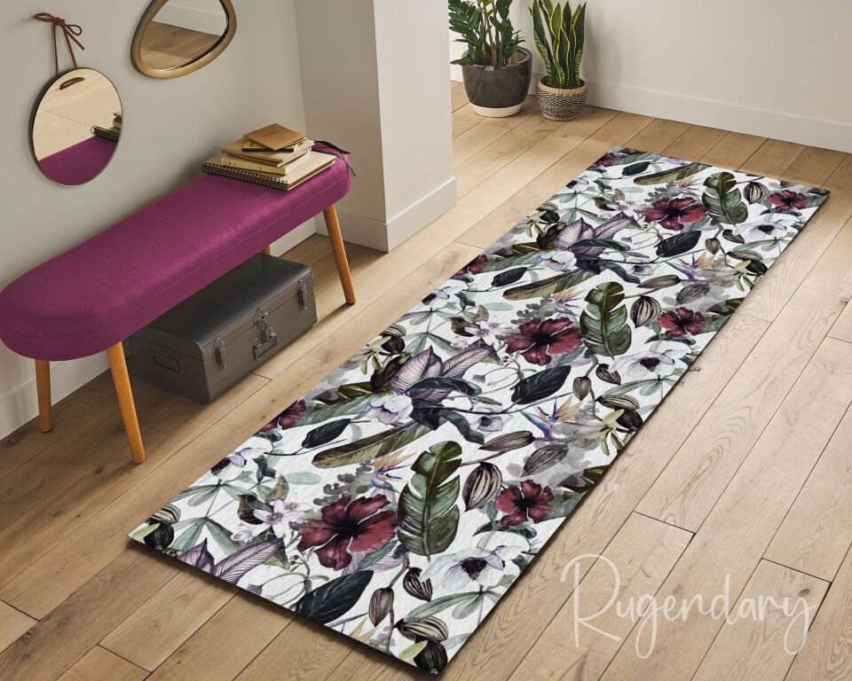 White Botanical Runner Rug – Burgundy Flowers & Tropical Green Leaves