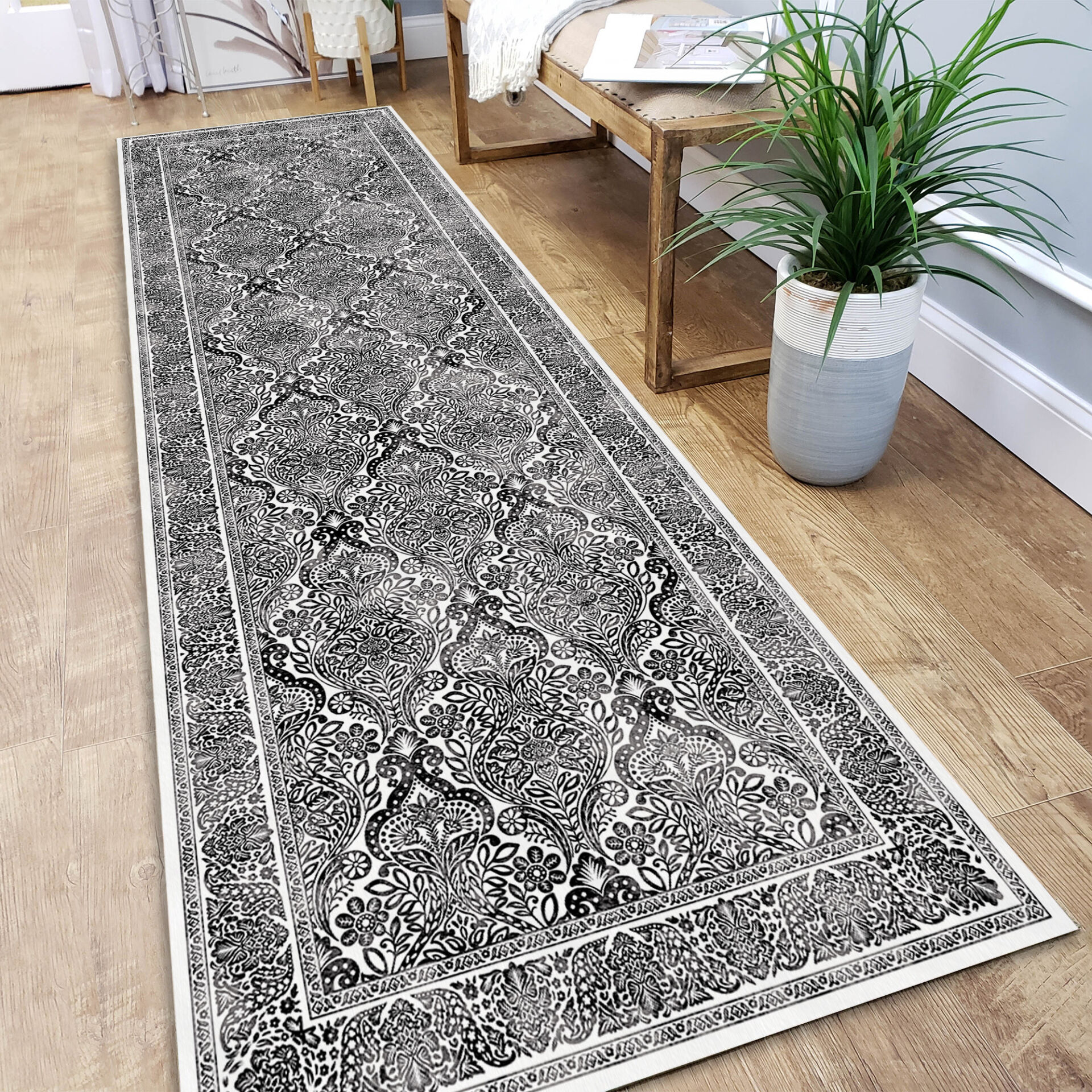 Black White Oriental Runner Rug Intricate Floral Paisley Pattern Carpet