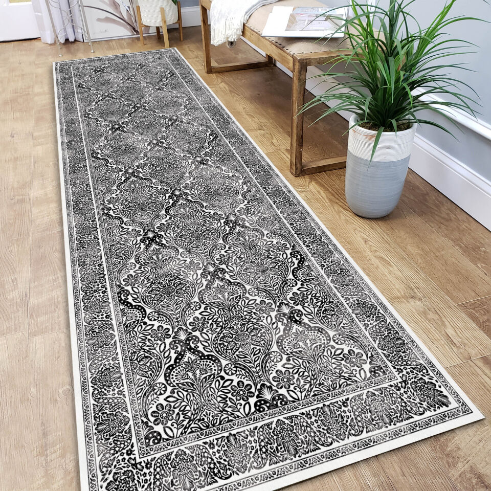 Black White Oriental Runner Rug Intricate Floral Paisley Pattern Carpet