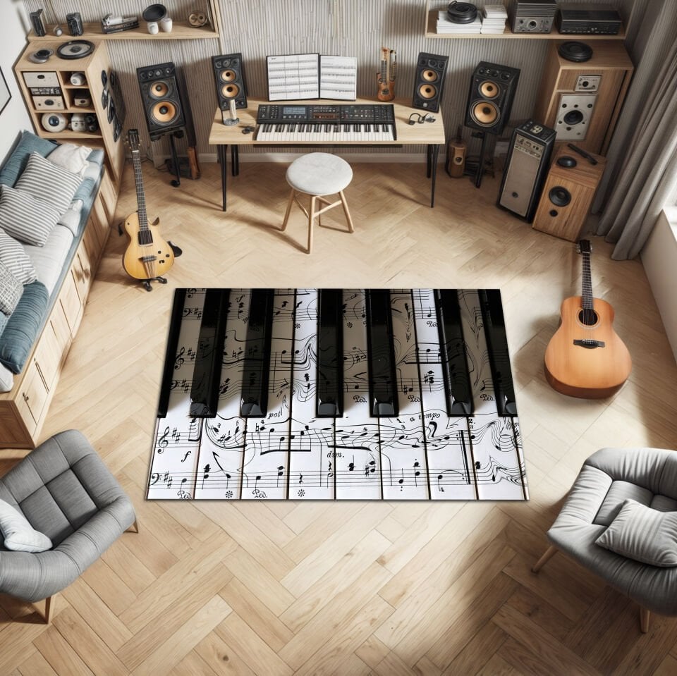 3D Piano Keys & Sheet Music Design Living Room Rug