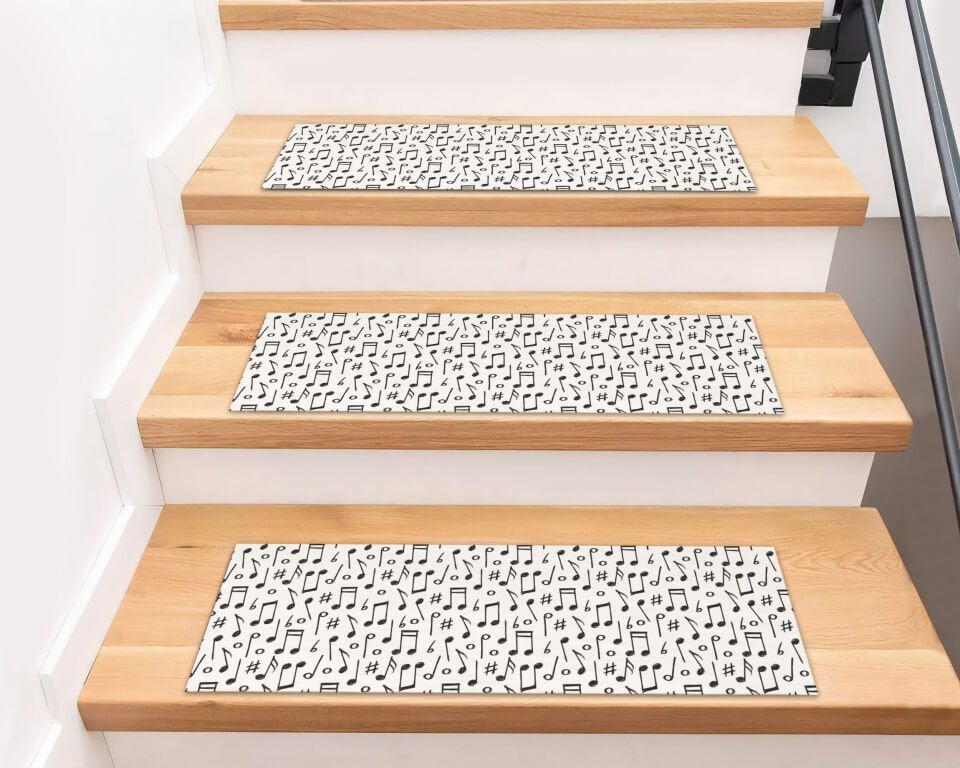 Monochrome Music Notes Stair Treads – Black & White Musical Symbols Pattern