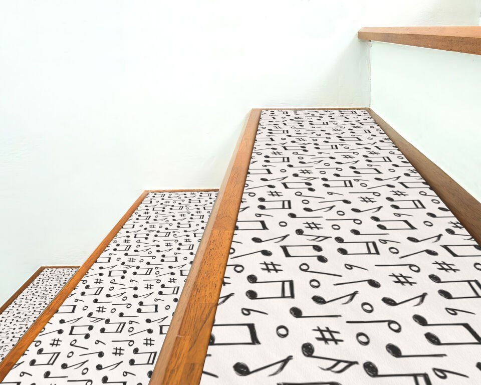Monochrome Music Notes Stair Treads – Black & White Musical Symbols Pattern