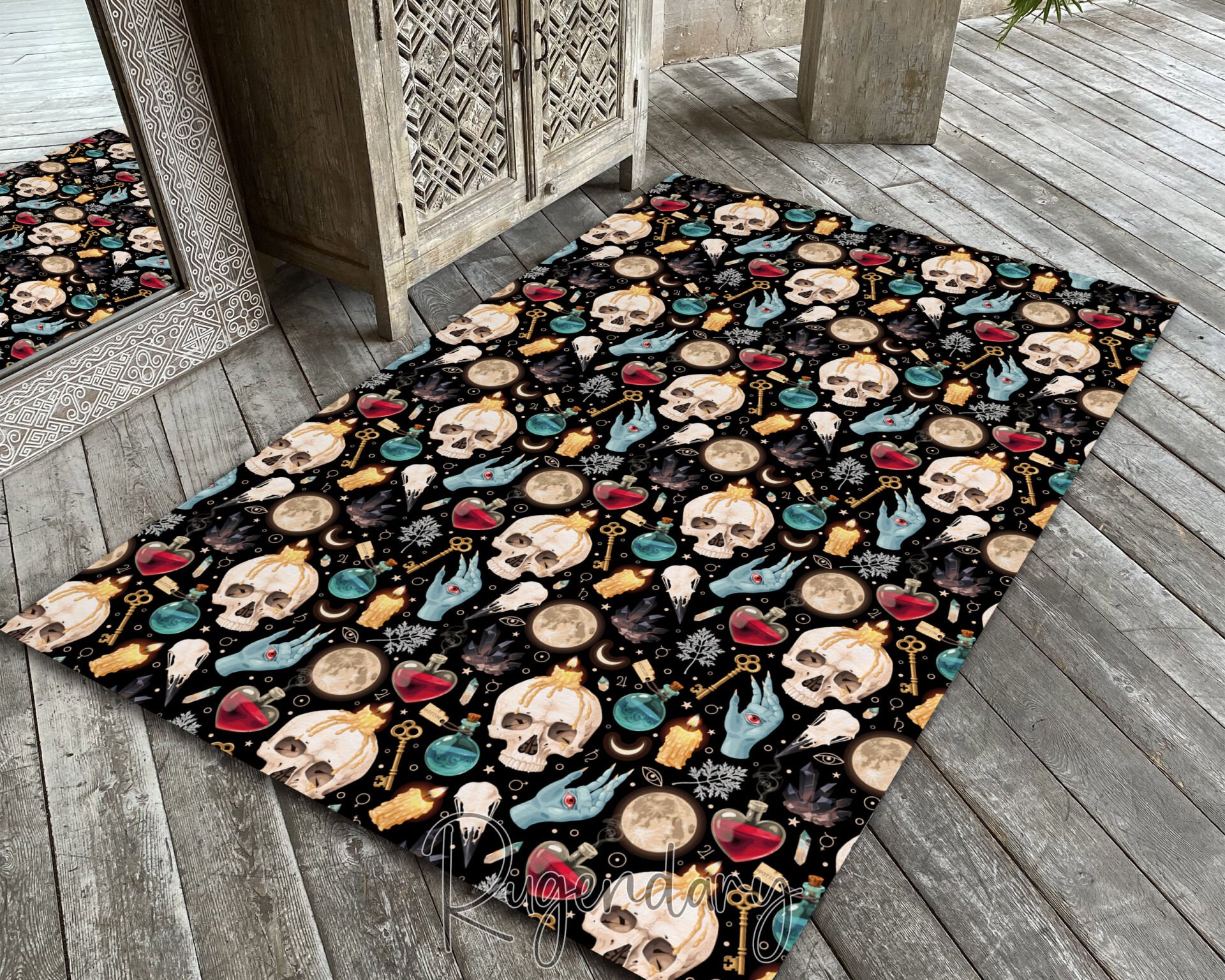 Gothic Skull & Witchcraft Rug – Dark Occult Themed Carpet