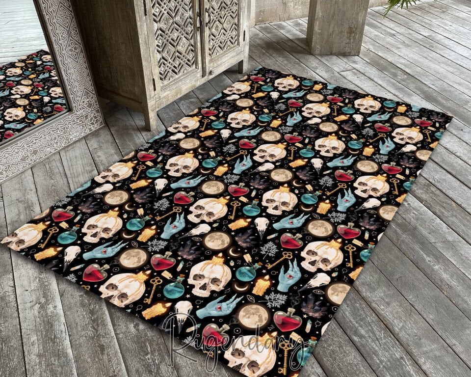 Gothic Skull & Witchcraft Rug – Dark Occult Themed Carpet