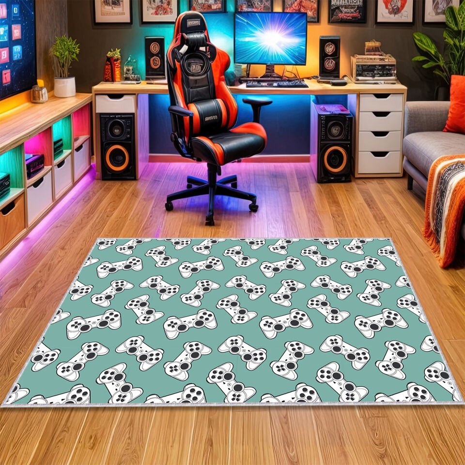 Mint Green Gamer Rug – Cute White Controller Pattern Carpet for Game Rooms and Kids’ Gaming Spaces