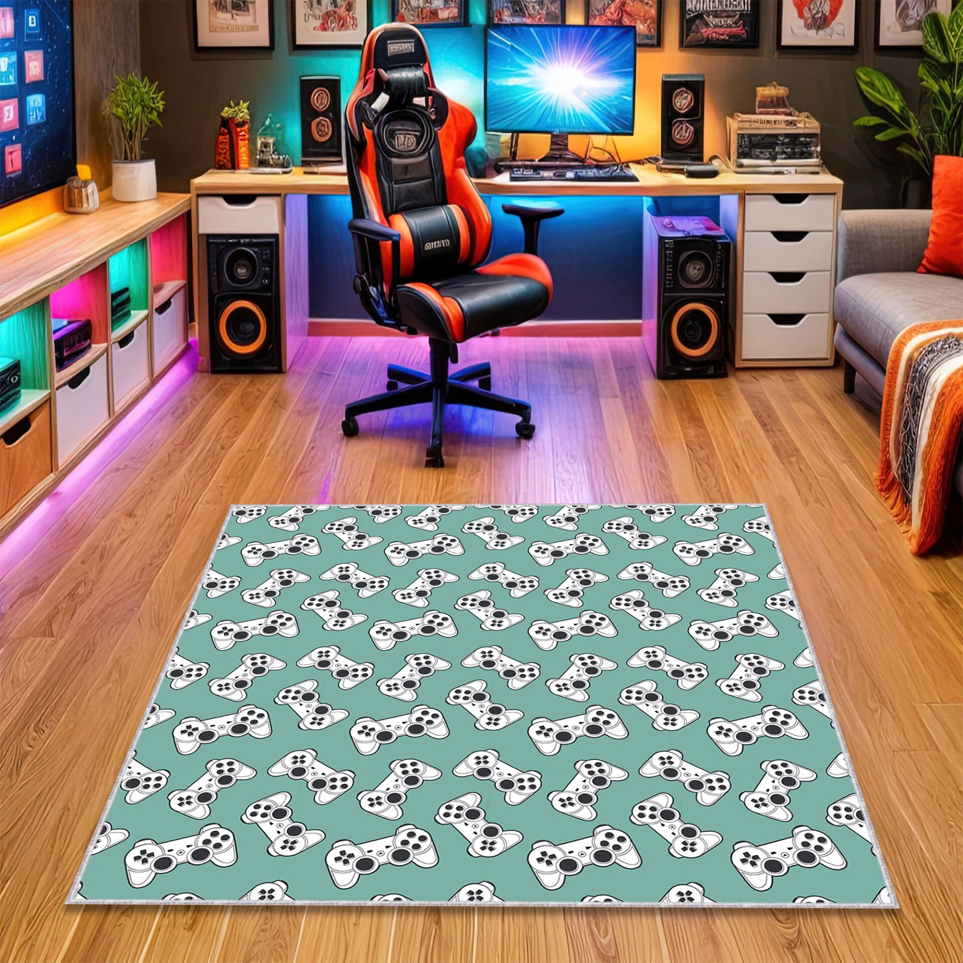 Mint Green Gamer Rug – Cute White Controller Pattern Carpet for Game Rooms and Kids’ Gaming Spaces