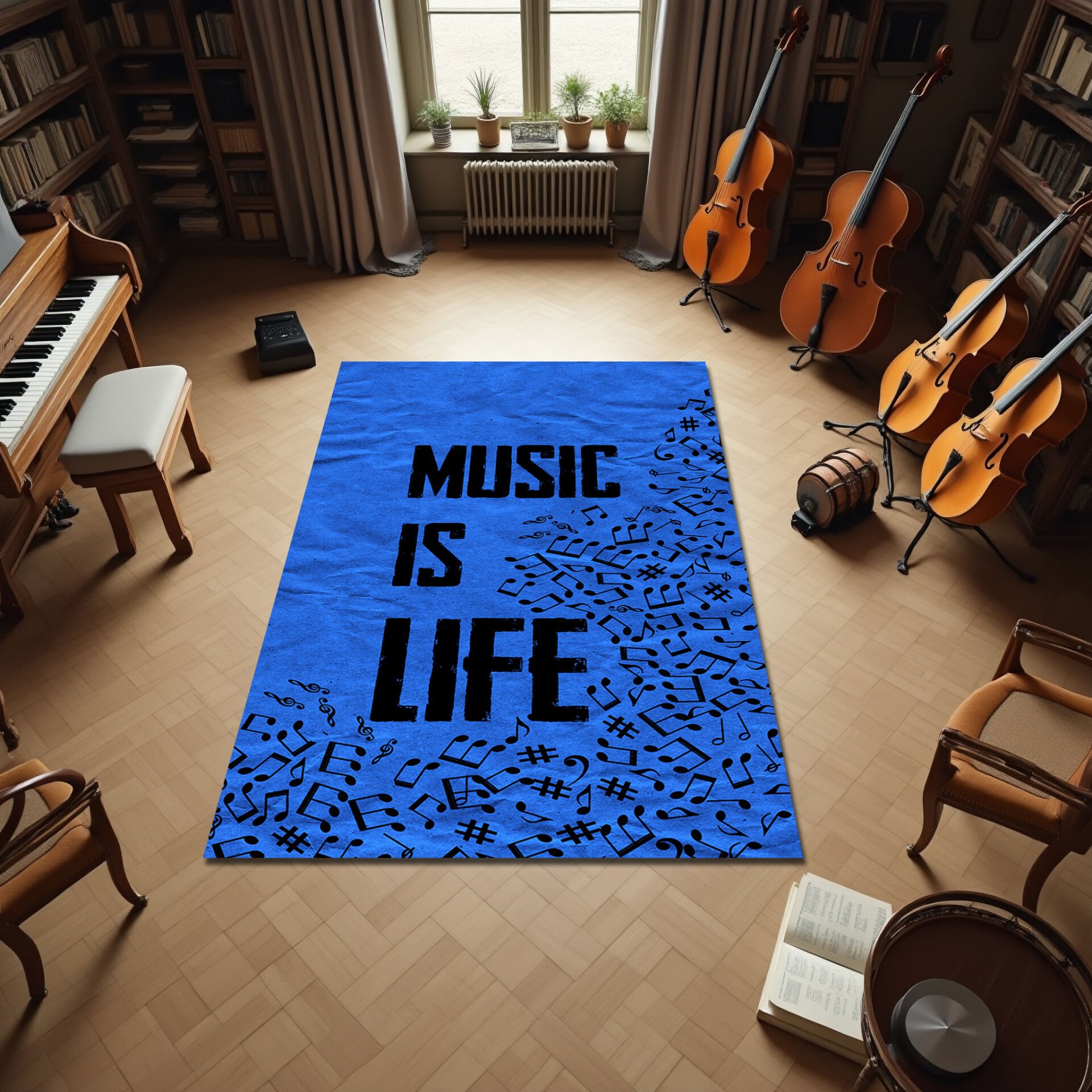 Music Is Life Rug – Blue Musical Notes Area Carpet for Music Lovers