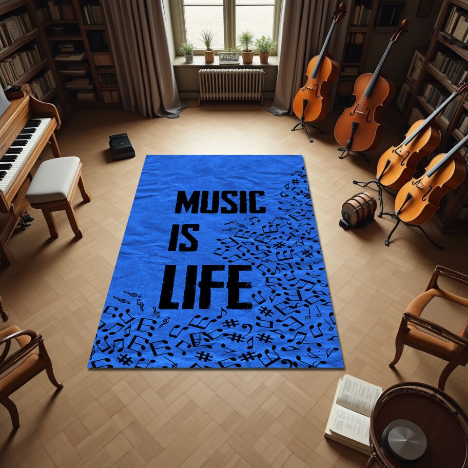 Music Is Life Rug – Blue Musical Notes Area Carpet for Music Lovers