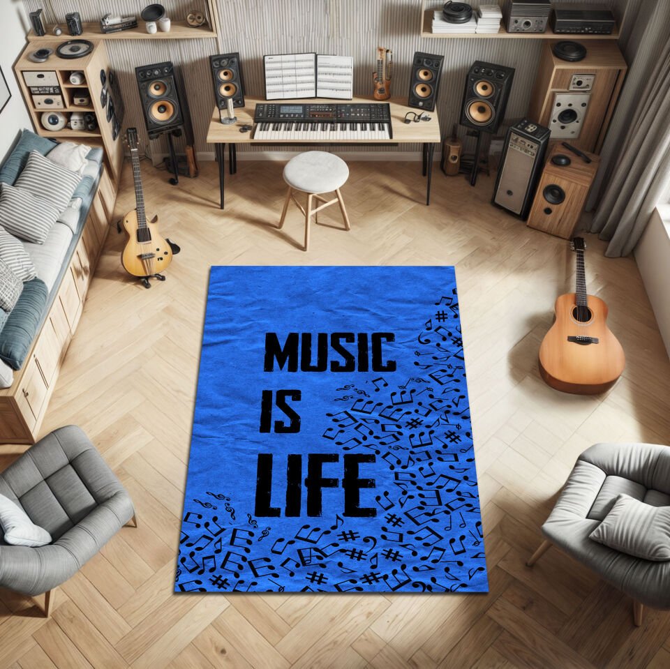 Music Is Life Rug – Blue Musical Notes Area Carpet for Music Lovers
