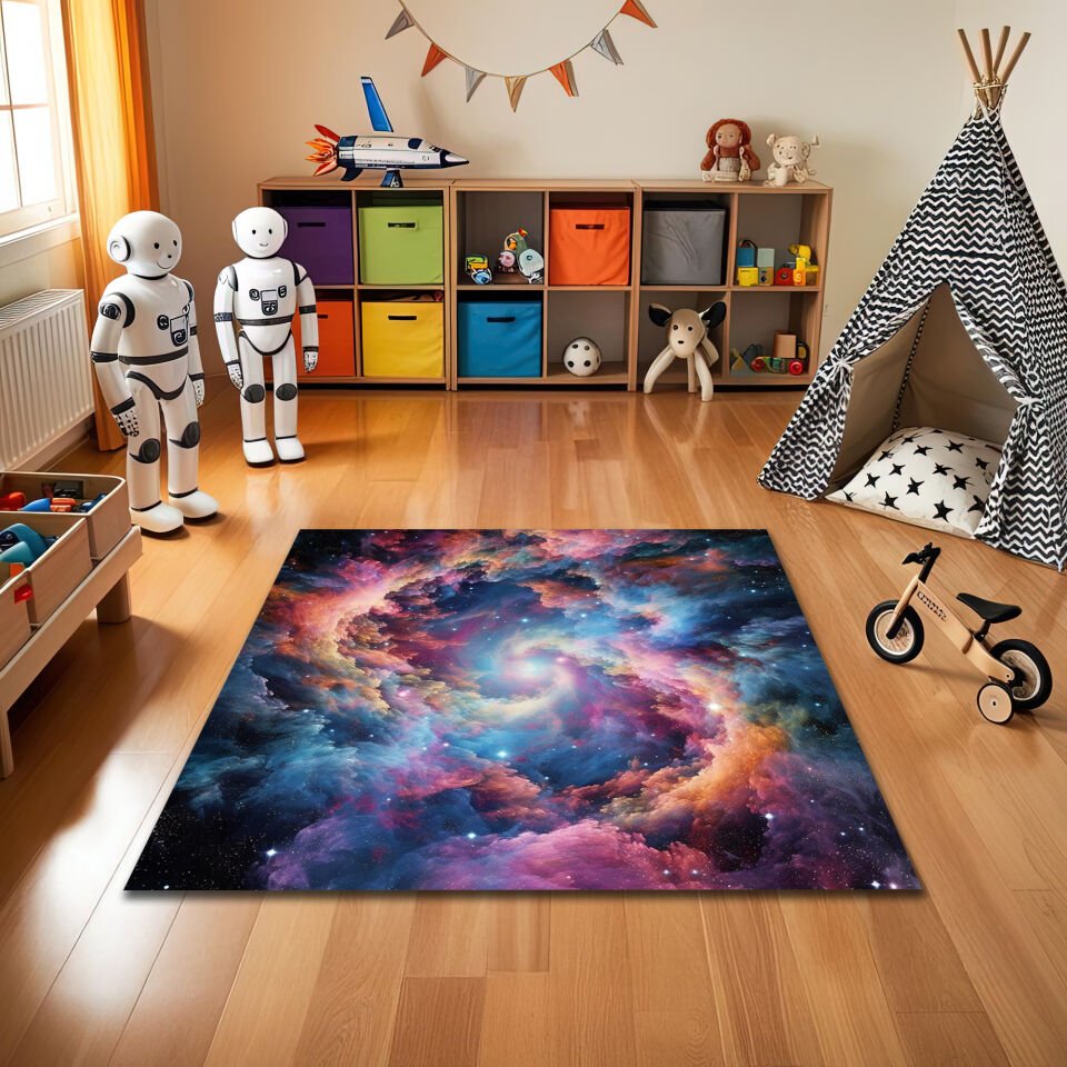 Colorful Galaxy Nebula Kids Room Rug – Cosmic Space Theme Carpet