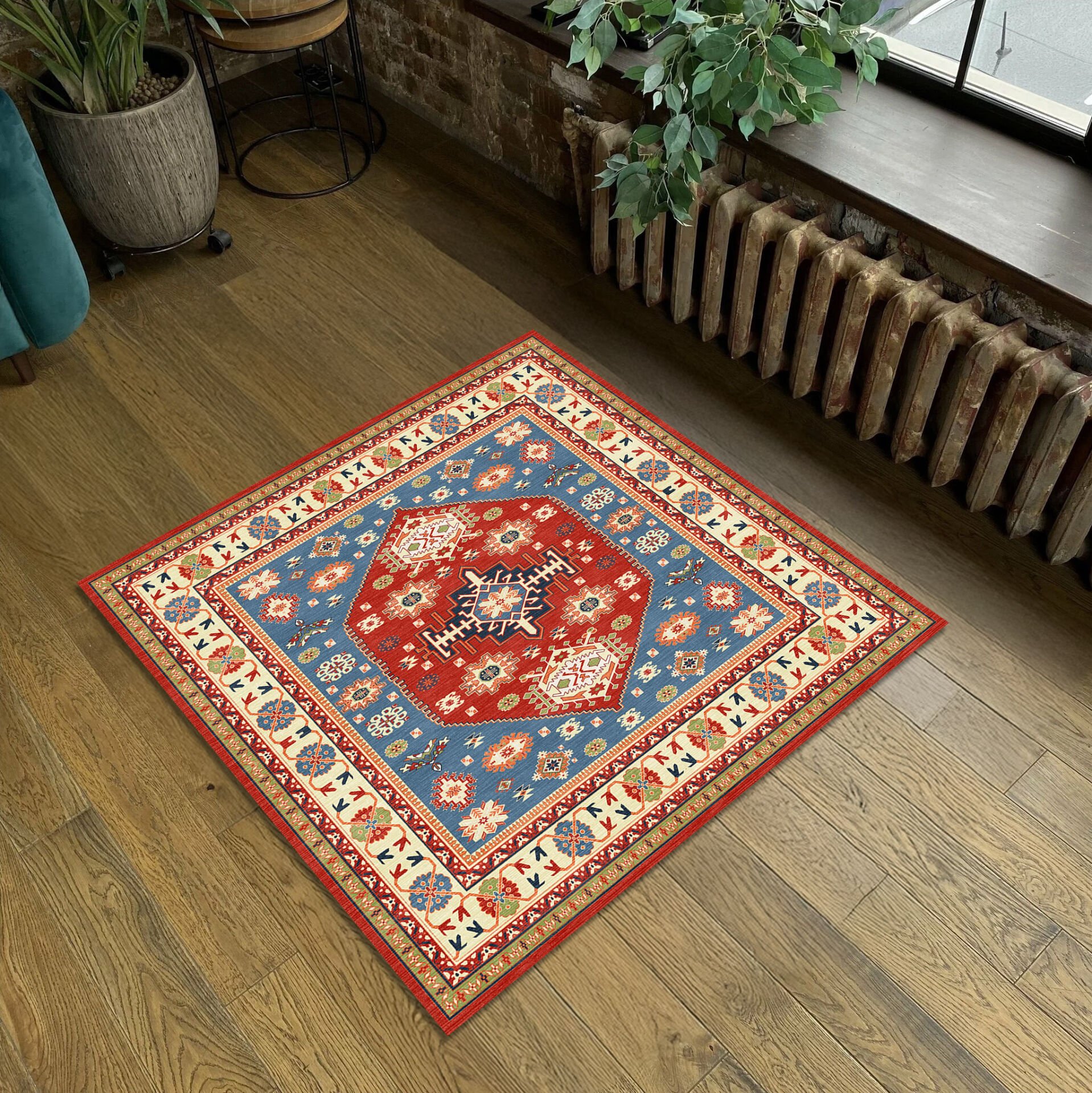 Geometric Tribal Square Rug Red Blue Ethnic Pattern Carpet