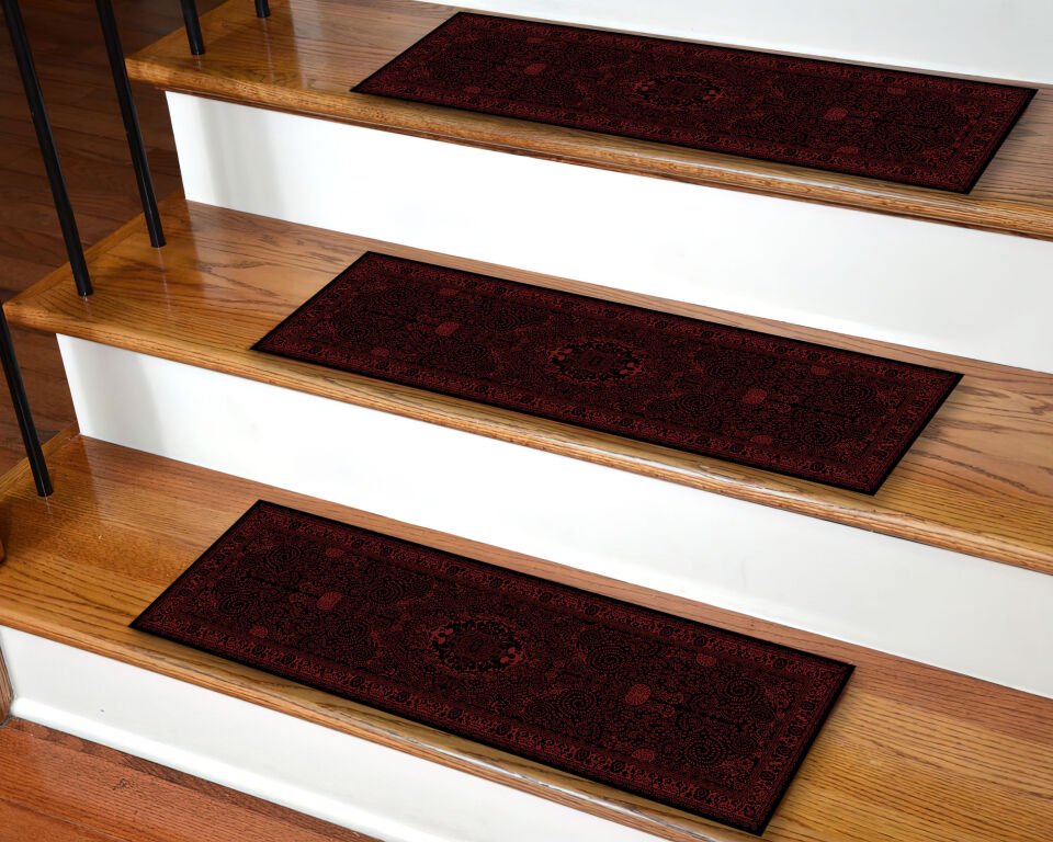 Elegant Dark Red Stair Treads – Vintage Patterned Step Mats for Sophisticated Stairs
