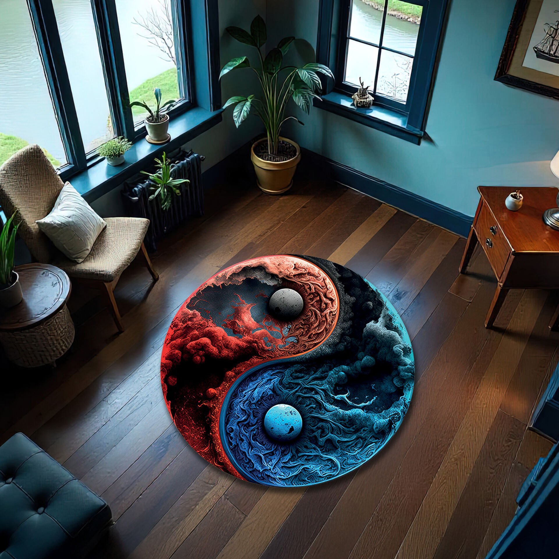 Yin Yang Cosmic Energy Round Rug – Red & Blue Dynamic Design