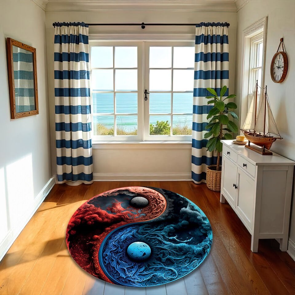 Yin Yang Cosmic Energy Round Rug – Red & Blue Dynamic Design