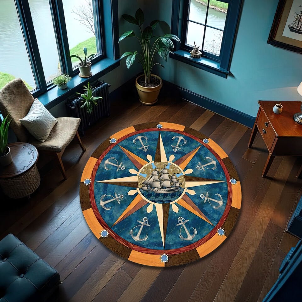 Vintage Nautical Compass Round Rug with Ship and Anchor Design